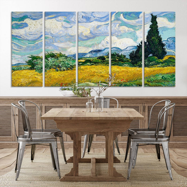 A contemporary living room features a large triptych of "Wheatfield With Cypresses By Van Gogh Painting Wall Art Canvas Print." Crafted on museum-quality canvas, this artwork brings a sense of elegance and craftsmanship reminiscent of professional artistry.