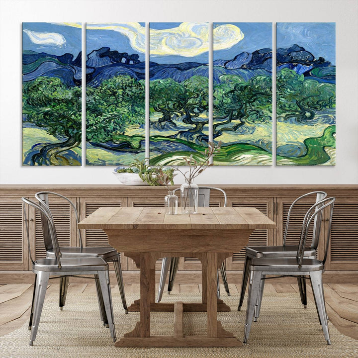 The Olive Trees Van Gogh Wall Art Canvas Print enhances the living room with its vivid landscape on museum-quality canvas, complete with a UV-protective coating.