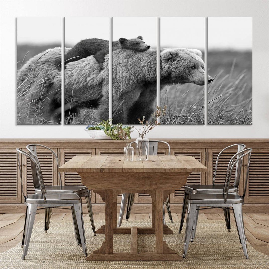 Baby Bear and Mom Bear Family Black & White Canvas Print Wall Art Canvas