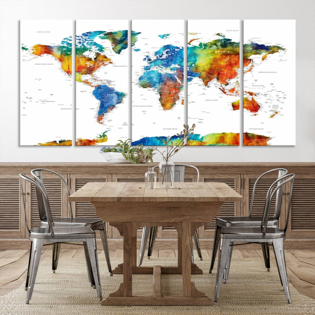 Mixcolor World Map Wall Art Canvas Print, showcasing vibrant colors and a gallery-quality finish.