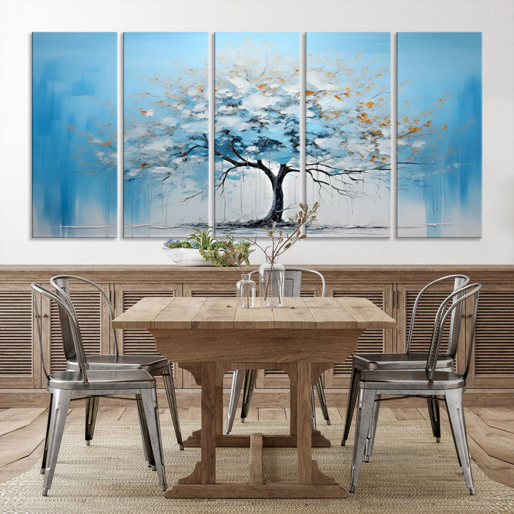 Modern living room featuring the Large Blue Abstract Tree Wall Art Canvas Printing. Enjoy the elegance with free shipping.