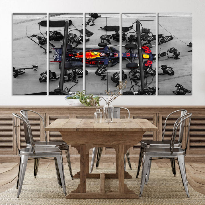 The RedBull Formula 1 Canvas Wall Art Print, a set of three gallery-quality pieces, elegantly adorns the wall.