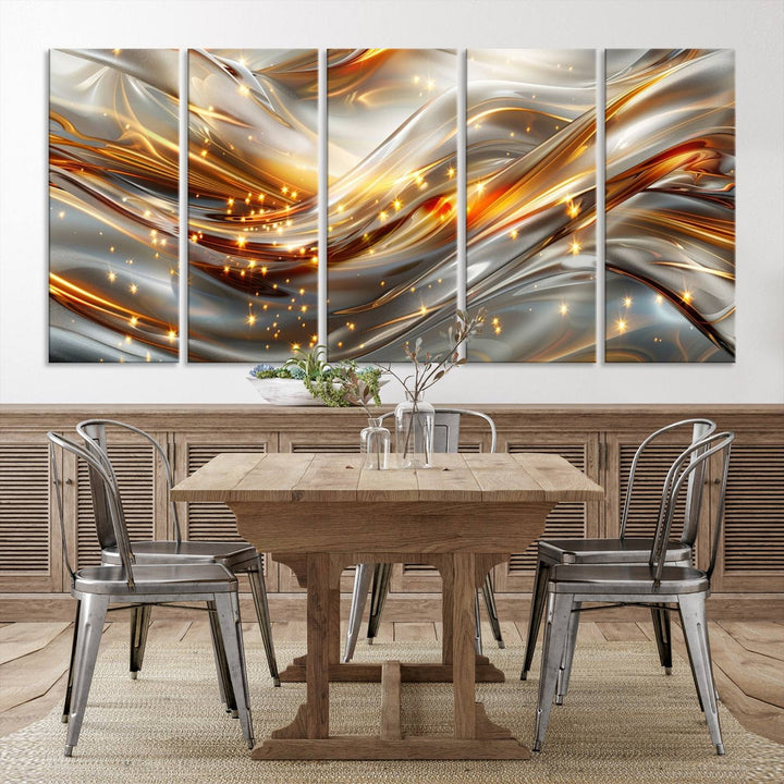 The Elegant Modern Gold Abstract Wall Art - Premium Framed Canvas Print for Home & Office Decor showcases a captivating triptych with swirling metallic designs and golden sparkles, perfectly enhancing contemporary interiors.