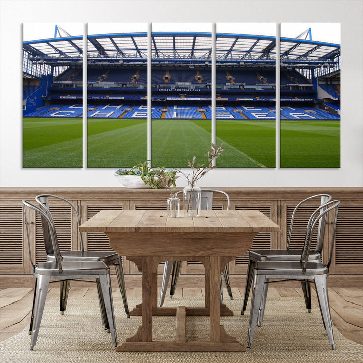 The Chelsea FC Soccer Team Print - Stamford Bridge Stadium Wall Art Canvas Print hangs elegantly, bringing the thrill of the game into your living room.