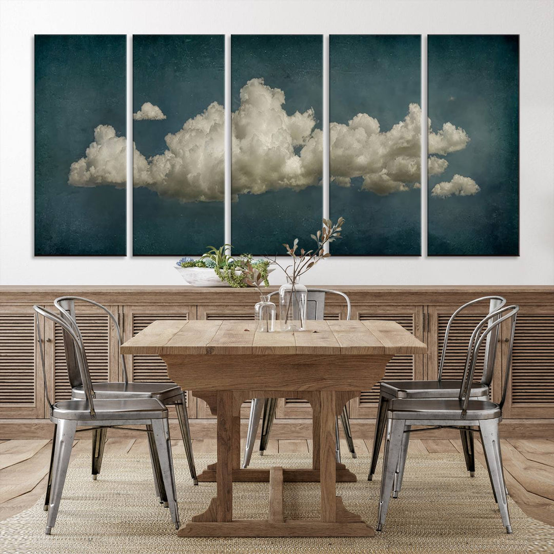 The Vintage Green Clouds Wall Art Canvas Print, set against a teal backdrop, showcases breathtaking canvas artwork with a gallery-quality finish.