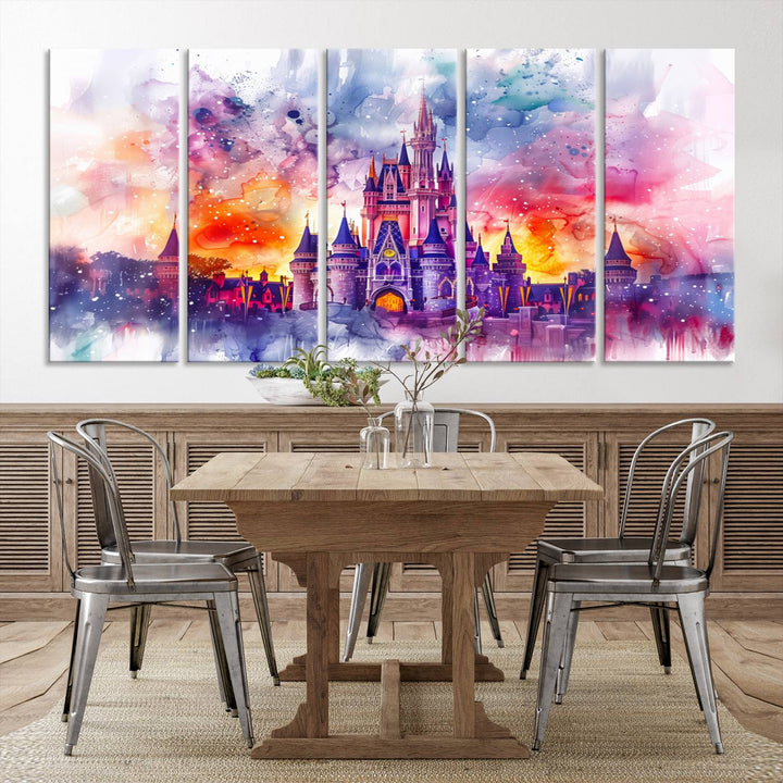 A vibrant piece of wall art depicting the Cinderella Castle from Disneyland, presented as a watercolor painting on premium canvas, is displayed.