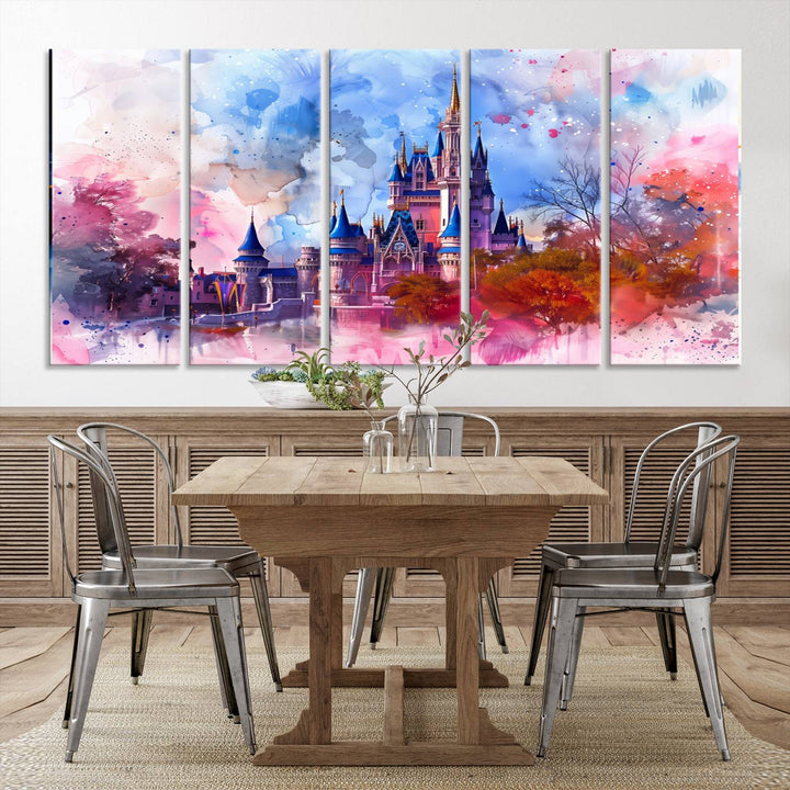 The Disney Wall Art: Dreamy Watercolor Cinderella Castle Canvas Print features a fairy-tale castle with vibrant pink, blue, and purple hues. Expertly handmade in the USA, this premium canvas wall art adds a touch of enchantment to any room.