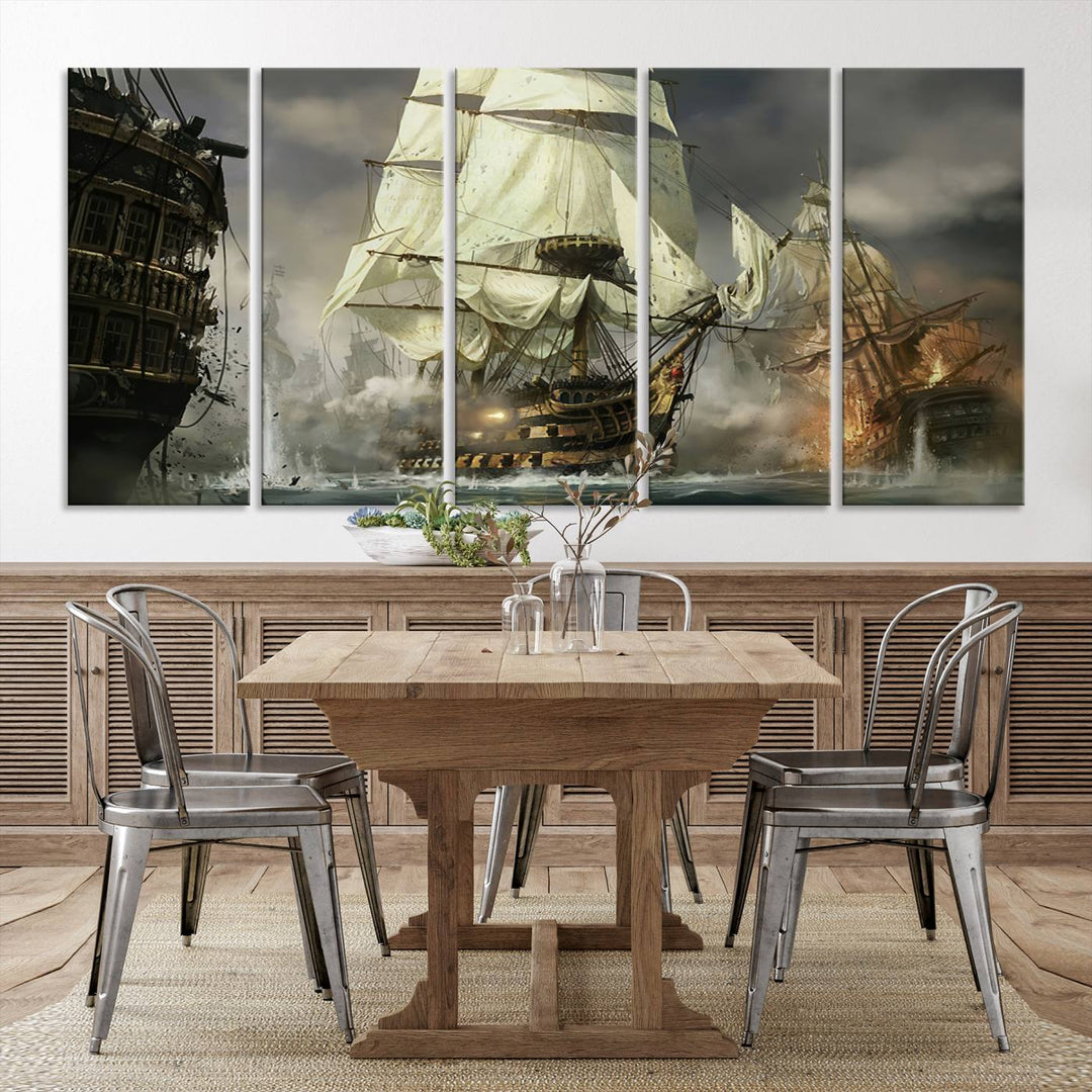 The Pirate Ship War Wall Art Canvas Print, featuring a stunning three-panel depiction of an intense sea battle with tall ships, boasts a gallery-quality finish that adds an elegant touch to its display.