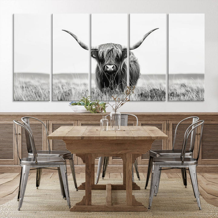 The living room is enhanced by a stunning three-panel Longhorn Wall Art Canvas Print. This museum-quality piece of Texas Longhorn Art comes on a gallery-wrapped canvas with a UV-protective coating to keep it vibrant under everyday light exposure.