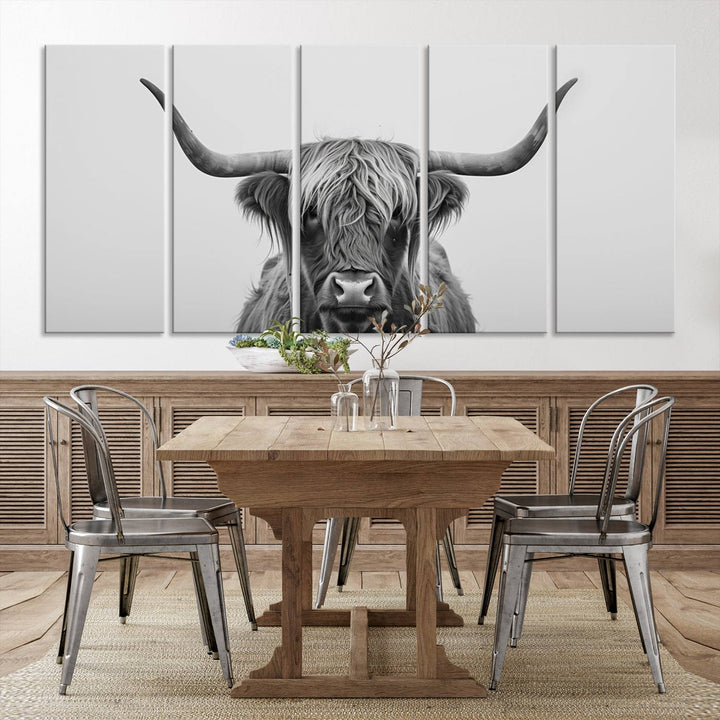 A triptych titled "Farmhouse Longhorn Wall Art Canvas Print, Longhorn Texas Wall Art Canvas Print," rendered in a gallery-quality finish, hangs prominently on the wall.