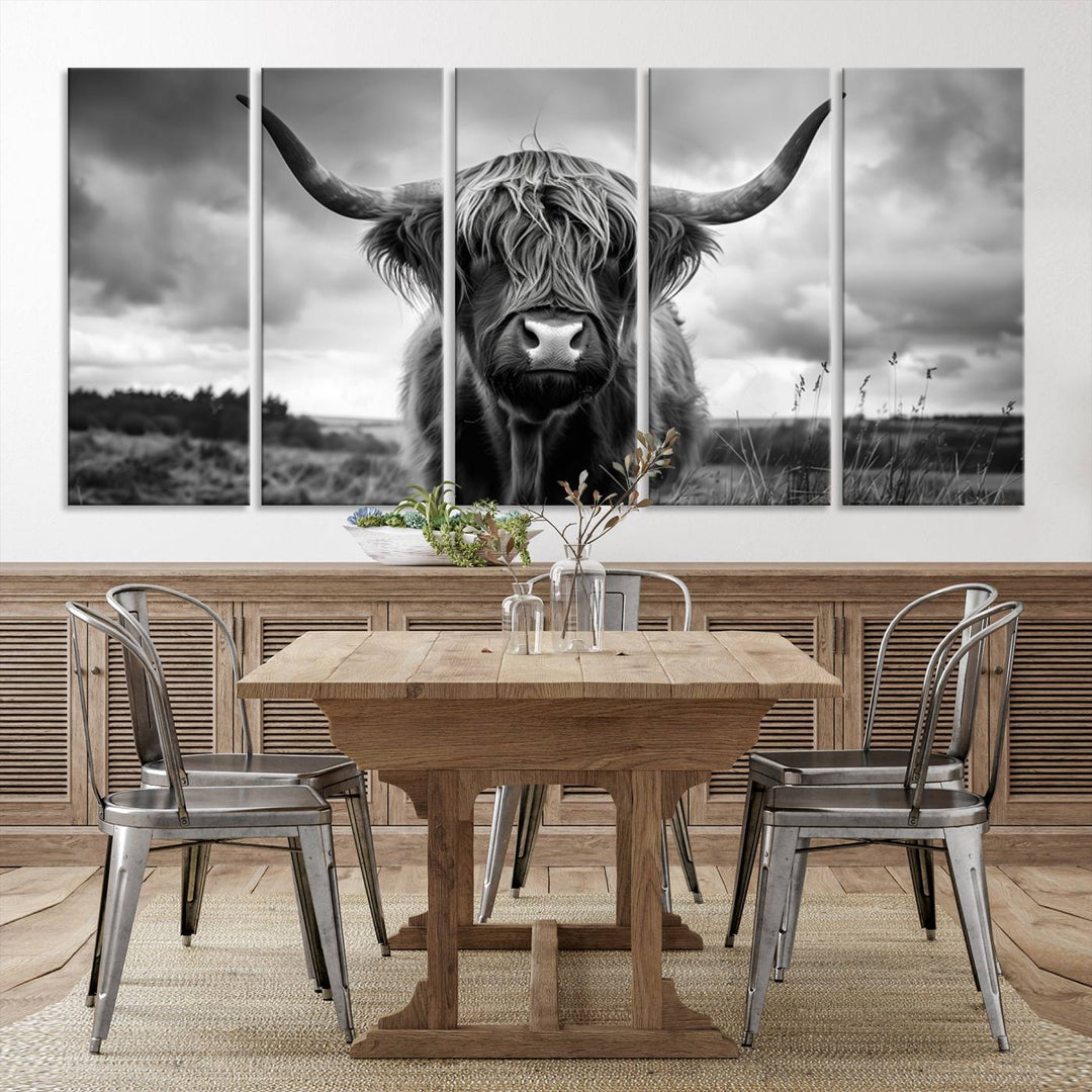 A stunning gallery-quality piece, the "Scottish Cow Wall Art Canvas Print | Longhorn Wall Art | Bighorn Animal Wall Art," depicts a Highland cow with long horns and shaggy fur. This captivating wall art elegantly enhances the space.