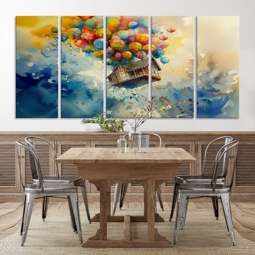 The Cartoon Movie Wall Art Canvas Print, featuring a vibrant house lifted by balloons and split across three panels, serves as captivating wall art. Handmade in the USA, it adds charm and whimsy to any space.