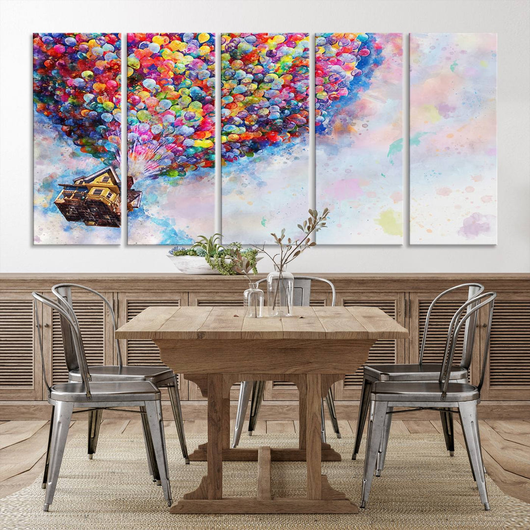 The "Watercolor Cartoon Movie Balloons Canvas Print" is showcased, depicting a whimsical house being lifted by colorful balloons. This triptych wall art is crafted on museum-quality canvases with a UV-protective coating to maintain its vibrant colors, making it ready to hang in any room.