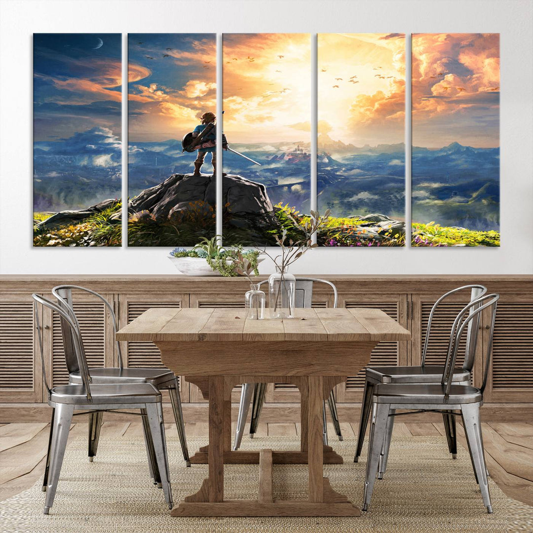 The Legend of Zelda Breath of the Wild Game Wall Art Canvas Print showcases a fantasy landscape with a character on a cliff, all rendered in gallery-quality finish on premium canvas.