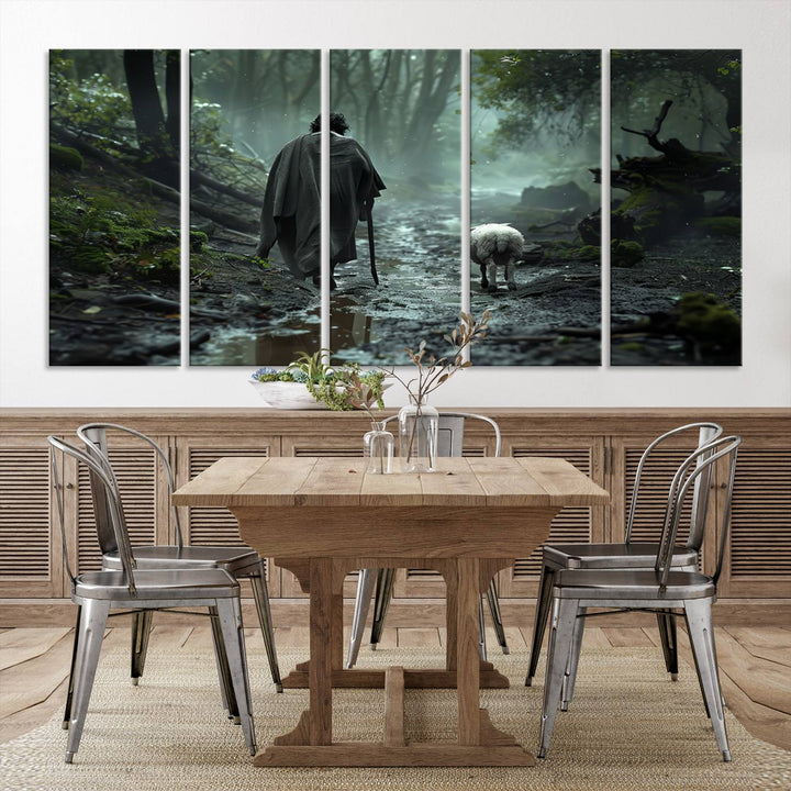 The "Forest Jesus Shepherd Canvas Wall Art" features a person with a cane, clothed in a cloak, walking beside a sheep through a misty forest. This piece captures tranquility and is ideal for adding serenity to your living room, office, or bedroom decor.