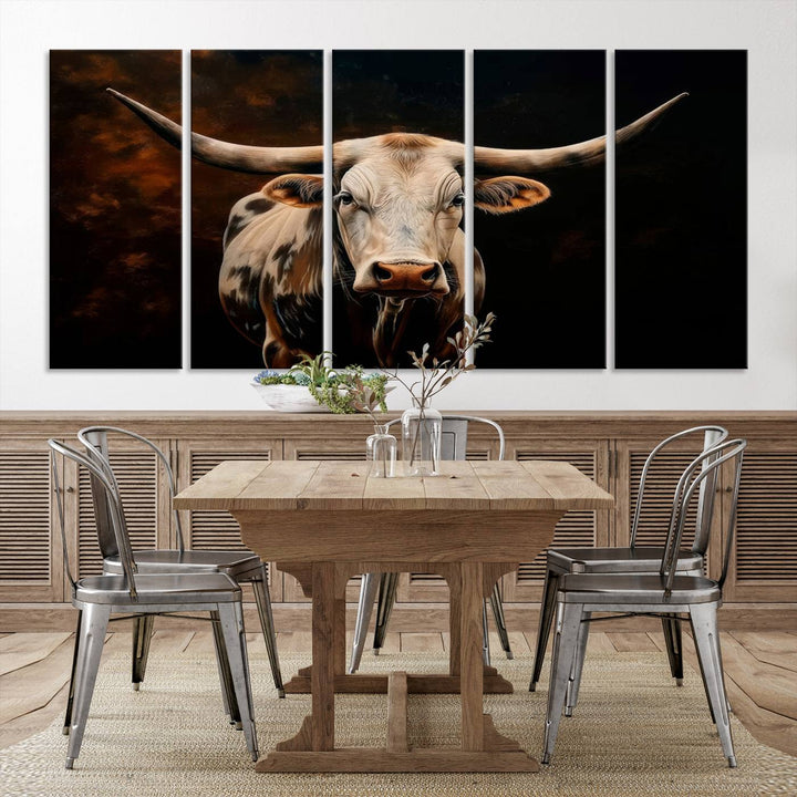 The Texas Longhorn Wall Art, a 3-panel large canvas print, infuses the room with a dash of cowboy charm.