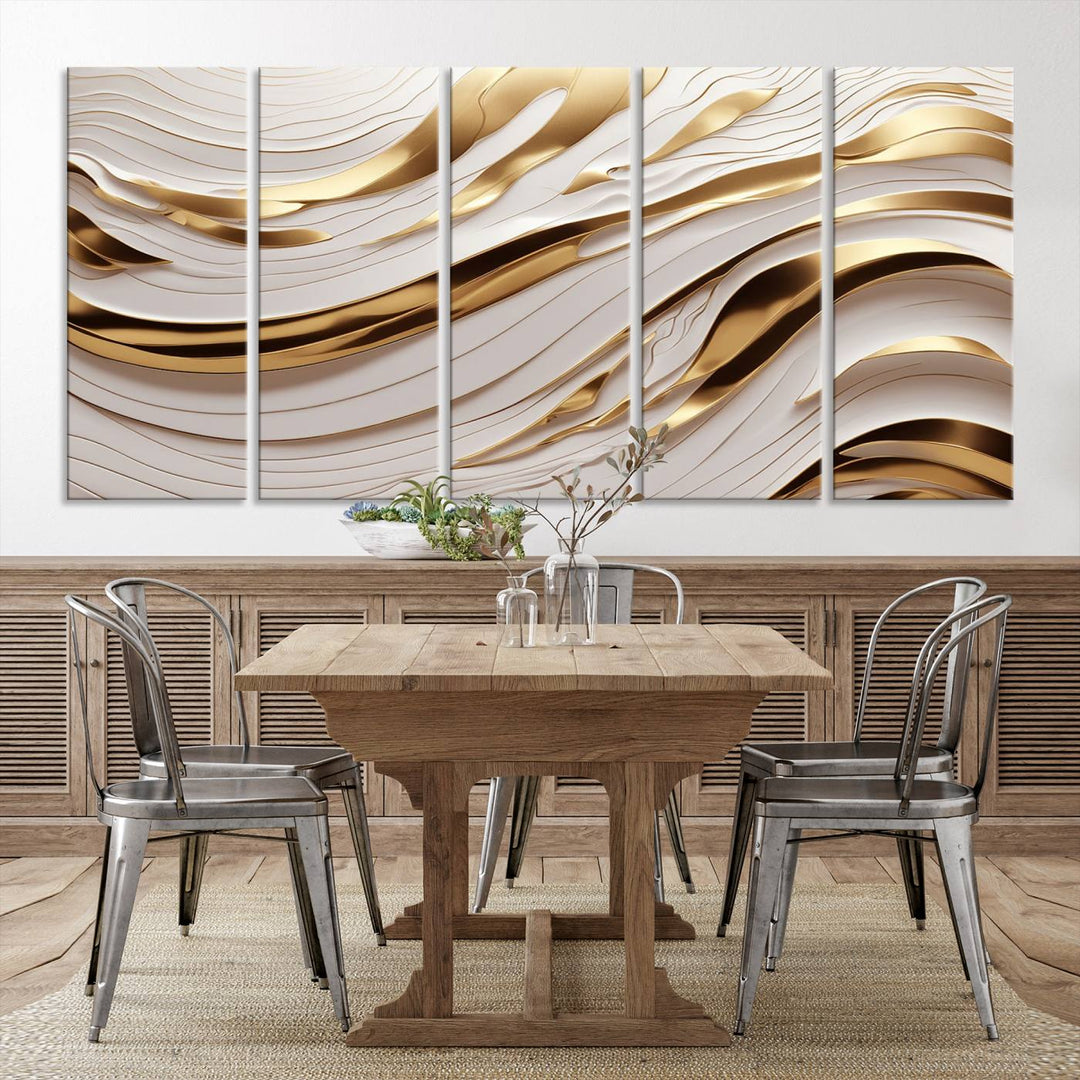 The "Gold and White Abstract Wave Canvas – Elegant Flowing Design with Luxurious Golden Accents" beautifully enhances the area and creates a stunning focal point in the room.