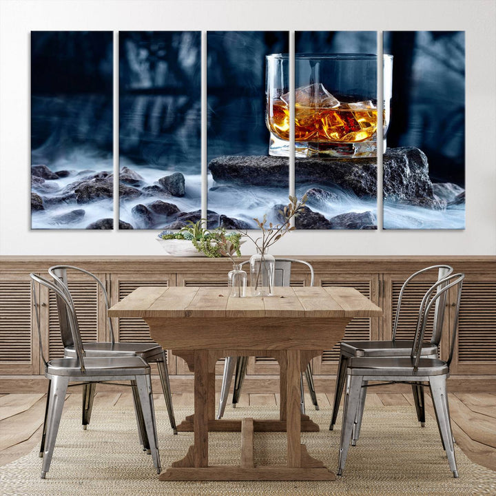 The Whiskey Ice Wall Art Canvas Print, a triptych featuring a glass of whiskey on the rocks, is crafted with a gallery-quality finish on premium canvas.