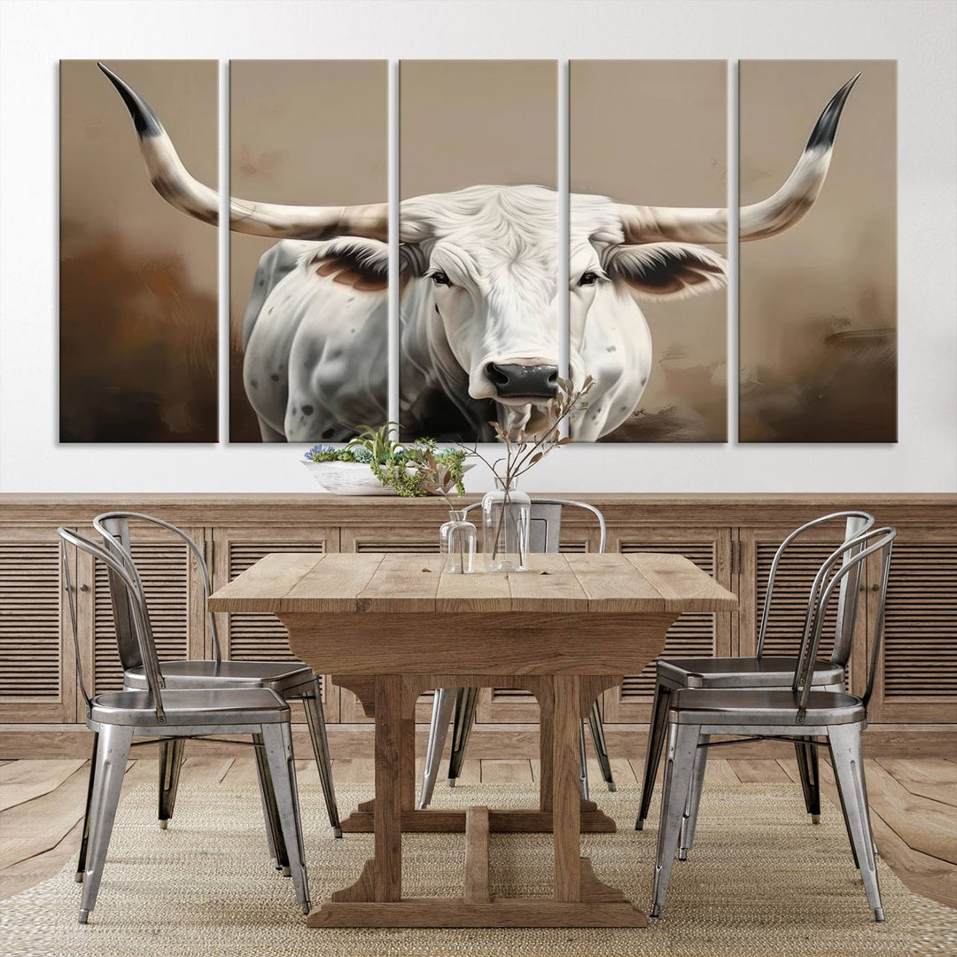 Texas Longhorn Canvas Wall Art features a triptych design on premium canvas with a gallery-quality finish.