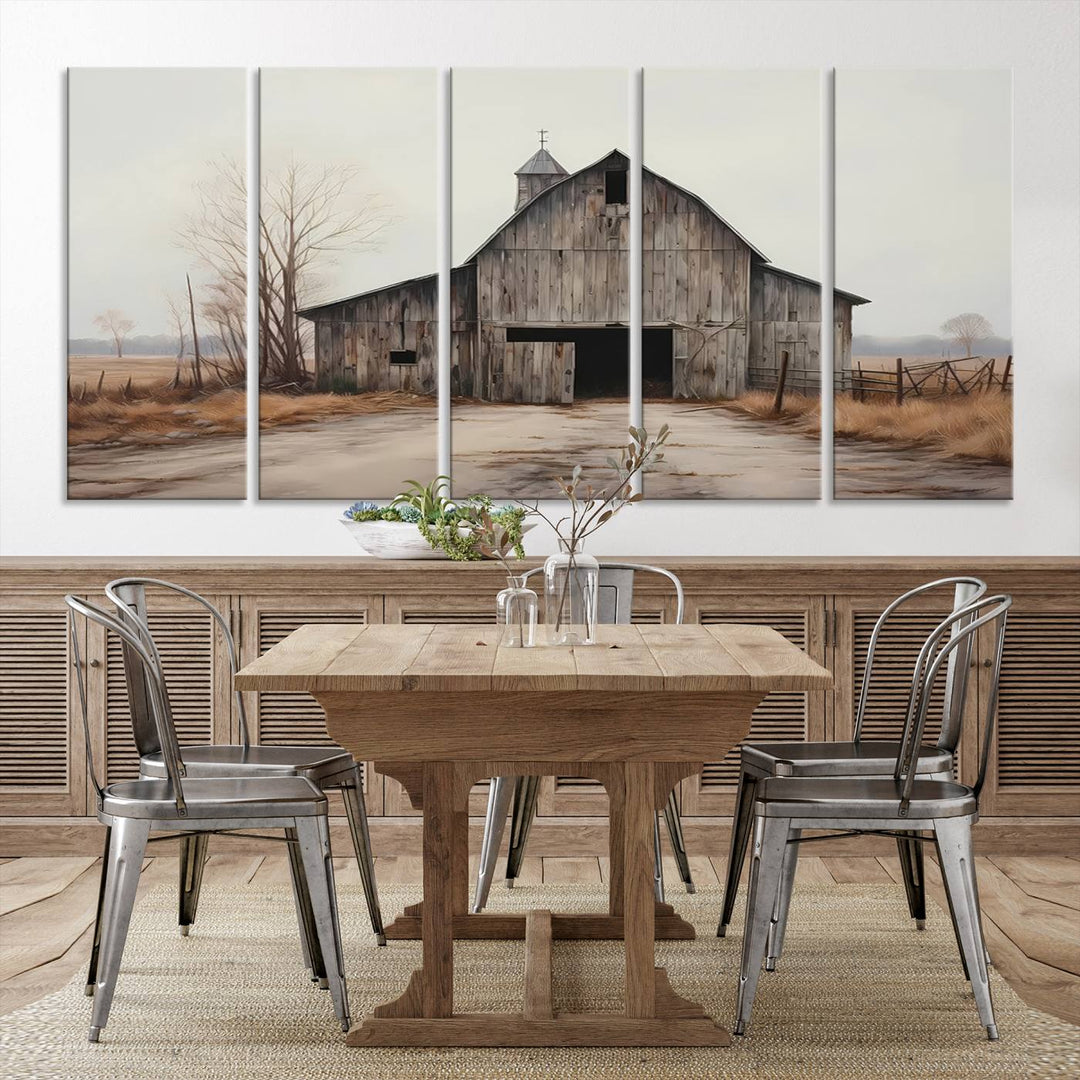 A framed and ready-to-hang Farmhouse Rustic Barn Wall Art Canvas Print is displayed against a gray wall. This stylish modern living room seamlessly combines rural life wall décor with contemporary comfort.