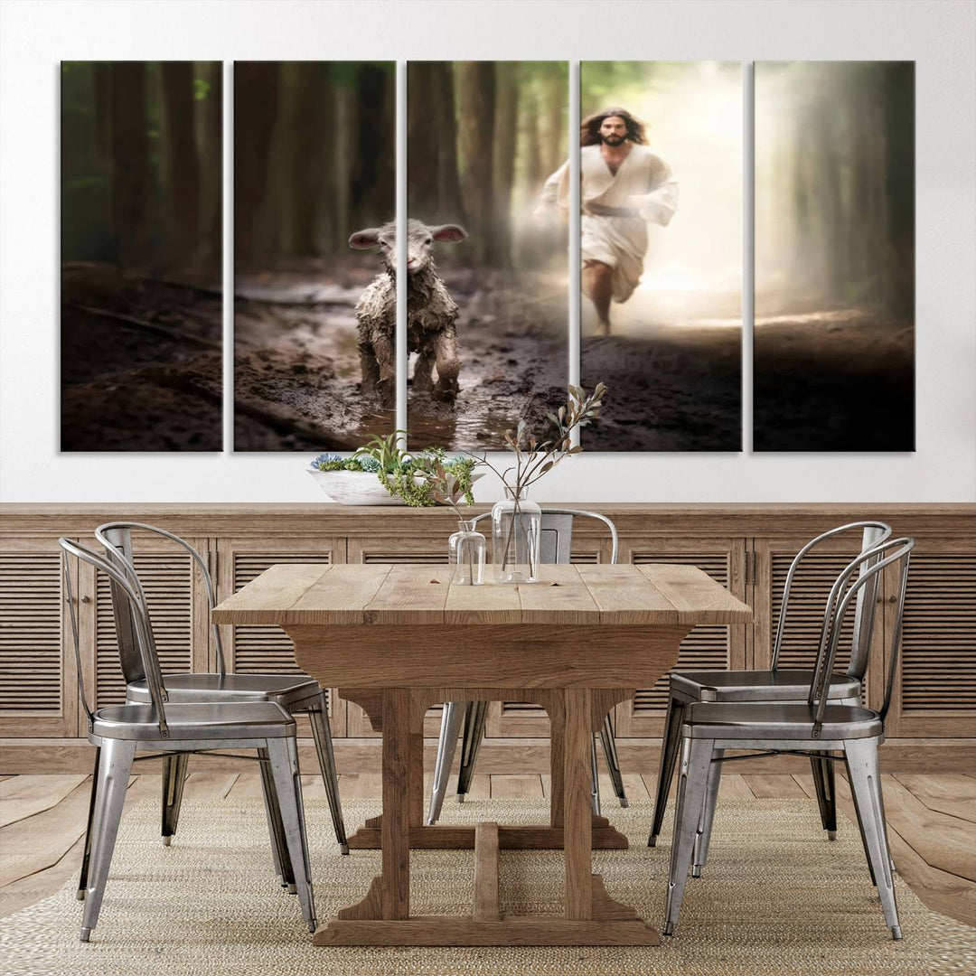 Discover the "Jesus Canvas Wall Art: Jesus Running After Lost Lamb," an exquisite triptych canvas piece that beautifully depicts Jesus in pursuit of a lost lamb within a forest setting. This artwork features a gallery-quality finish and is handmade in the USA, adding both charm and craftsmanship to your space. Perfect for Christian home decor enthusiasts.