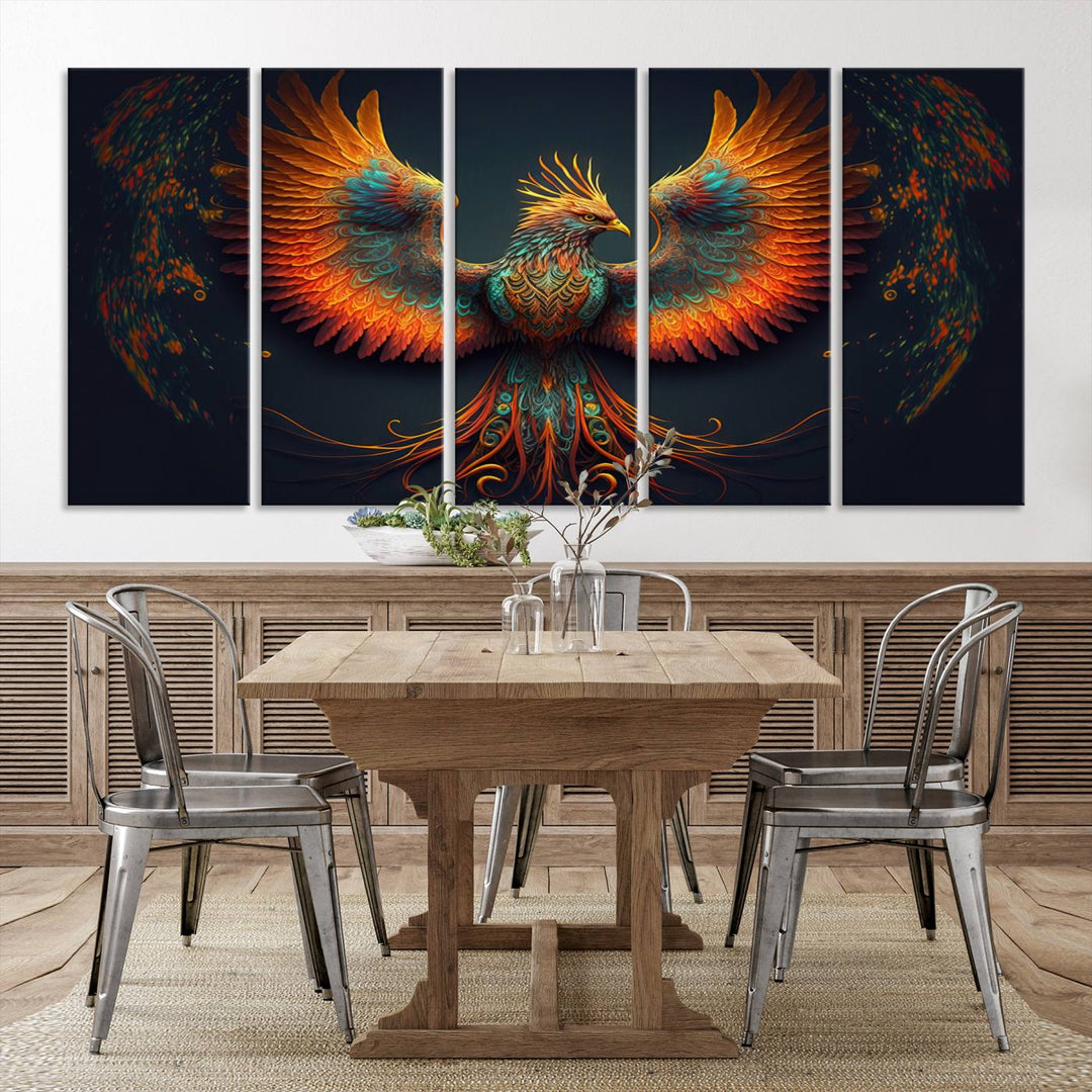 The Majestic Phoenix Wall Art Canvas Set, a fiery symbol of rebirth and strength, graces the wall.