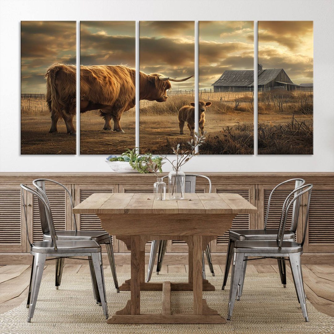 The living room features the "Highland Cow Canvas Wall Art Animal Print Pictures Fluffy Cattle Art," which captures a cow and calf in a rural sunset scene, adding gallery-quality charm.