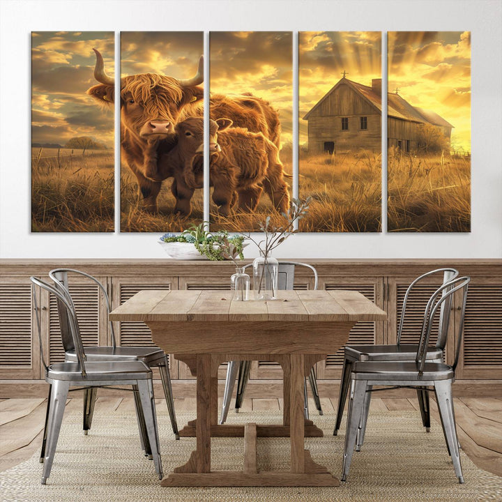 The room features the Barn and Highland Cow Canvas Wall Art Animal Print, a three-panel canvas depicting cows in a sunset field with a rustic barn backdrop. This handmade piece brings charm and character with its gallery-quality finish.