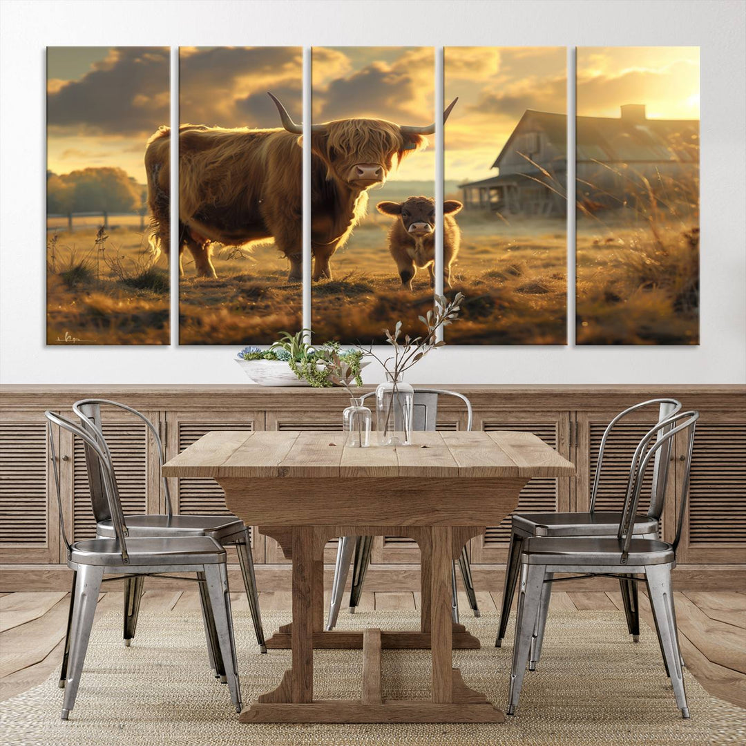 The "Highland Baby Cow Canvas Wall Art Animal Print" triptych art piece showcases a cow and calf in a sunlit field with a barn in the background.