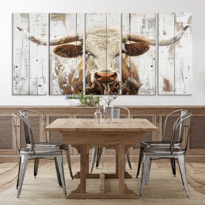 The dimly lit room is enhanced with Western charm by the Rustic Longhorn Bull Wall Art Canvas Set—Western-Inspired Farmhouse Décor, elegantly displayed on the wall.