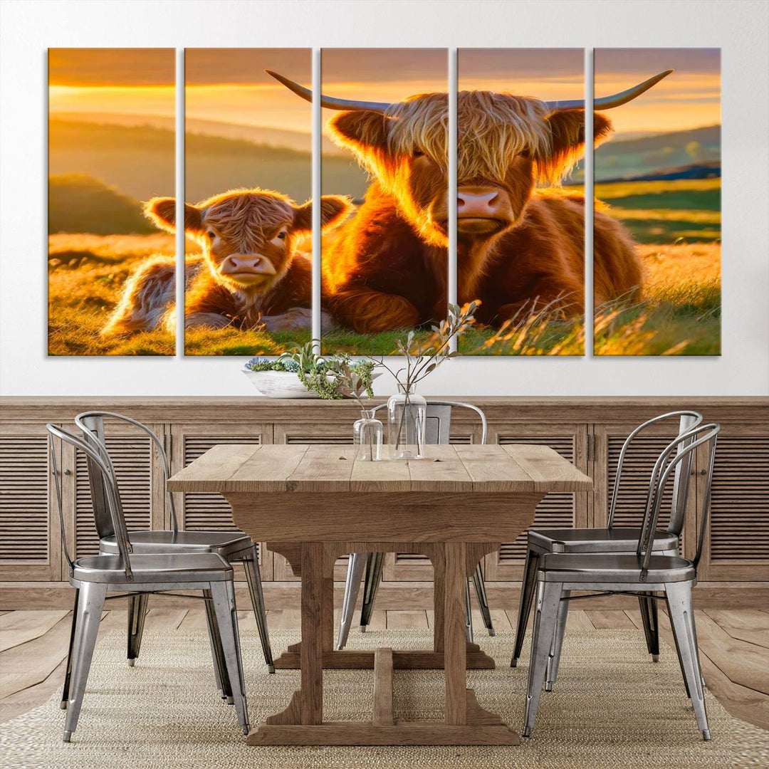 The living room showcases a gallery-quality finish with the Scottish Cow and Baby Cow Canvas Wall Art, featuring a charming animal print of fluffy cattle as the centerpiece. This stunning piece is displayed on premium canvas, creating an inviting atmosphere.