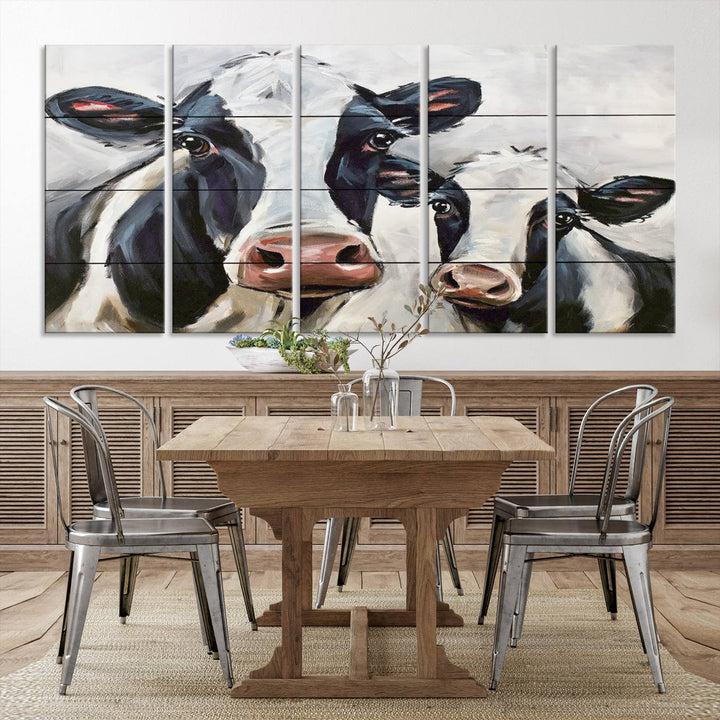 The Vintage Baby and Mom Cattle Wall Art Canvas Print is prominently displayed, adding a touch of contemporary and farmhouse decor to the modern living room.