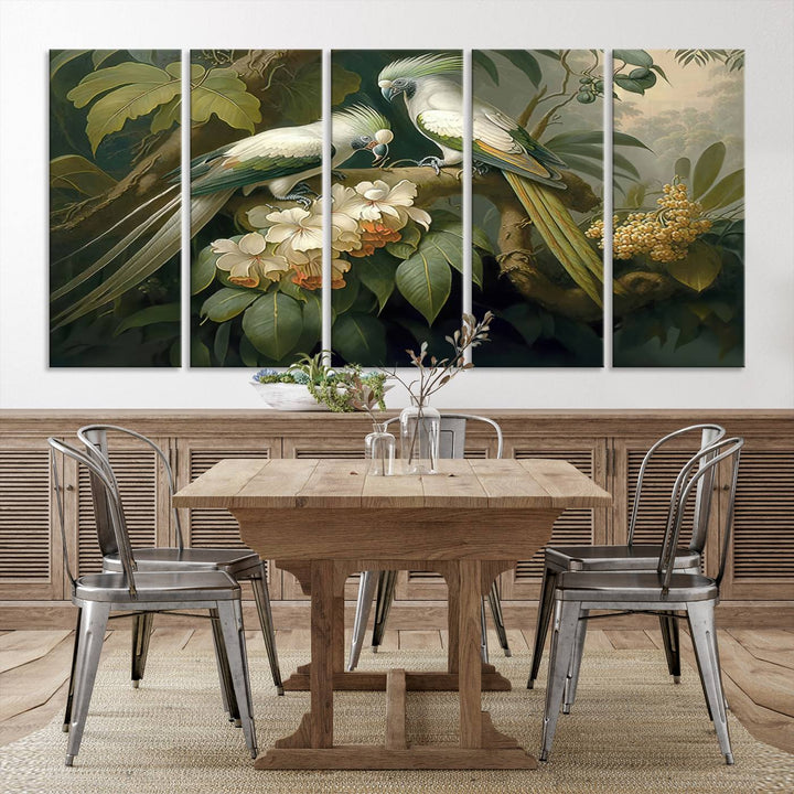 Crafted in the USA, this Tropical Paradise Print wall art features a stunning parrot amidst a lush forest and beautiful flowers.