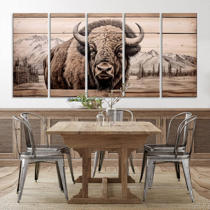 A stunning triptych artwork from the "Bison Canvas Wall Art American Buffalo Print Rustic Decor for Farmhouse Wall Art" collection graces the modern living room. Its vibrant colors are enhanced by museum-quality canvas and a UV-protective coating. The gallery-wrapped piece adds elegance to the space.