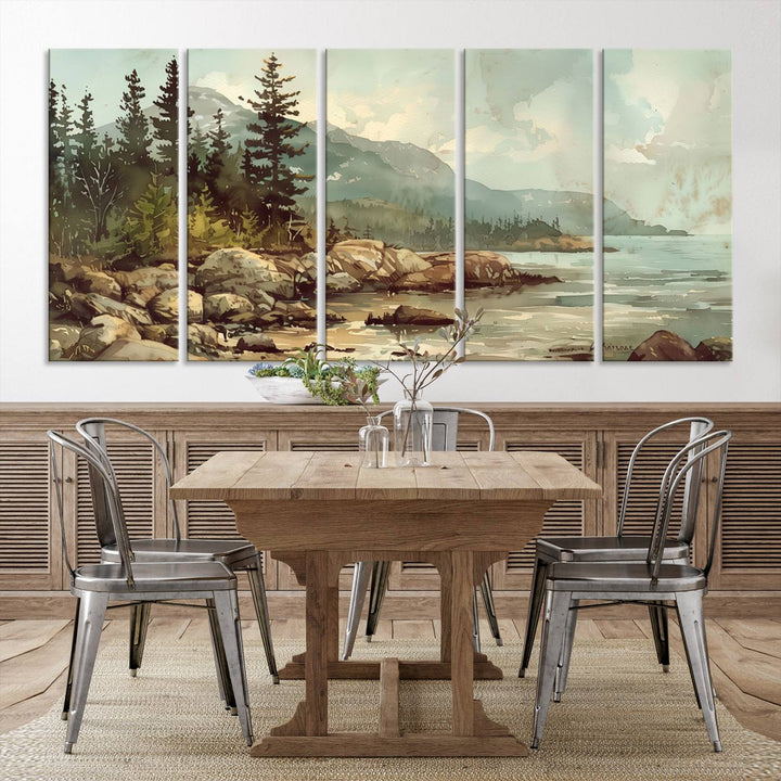 The living room features a breathtaking three-panel Abstract Acadia National Park Wall Art Canvas Print, which beautifully captures the rocky Maine coastline with trees and mountains.