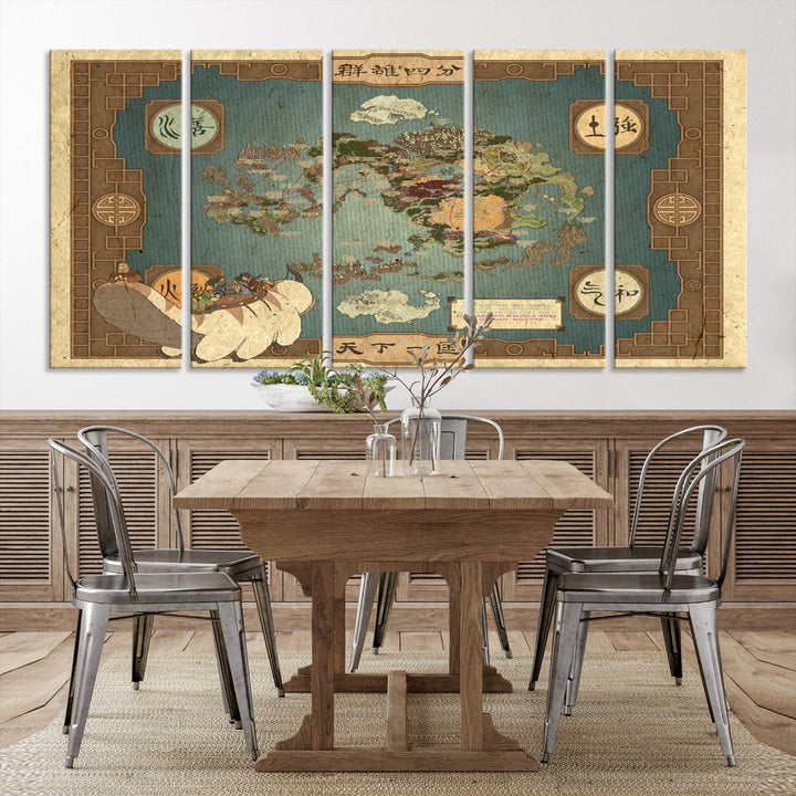 Hanging above is the Avatar: The Last Airbender Vintage Map - Wall Art Canvas Print, framed and ready to hang, showcasing an enchanting glimpse into the iconic four nations design.