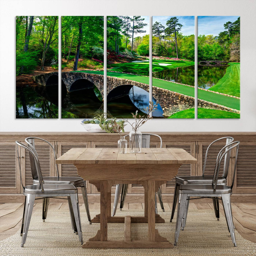 Augusta National Golf Club Wall Art - Panoramic Bridge & Lush Greenery – Premium Framed, Ready-to-Hang Triptych Canvas