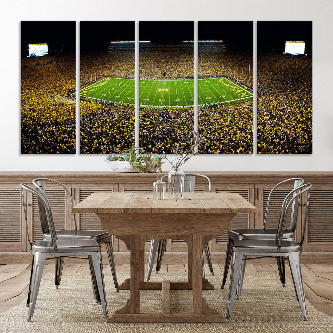 Michigan Wolverines Football Team Print - Michigan Stadium Night Game Triple Canvas Wall Art - University of Michigan Football Match