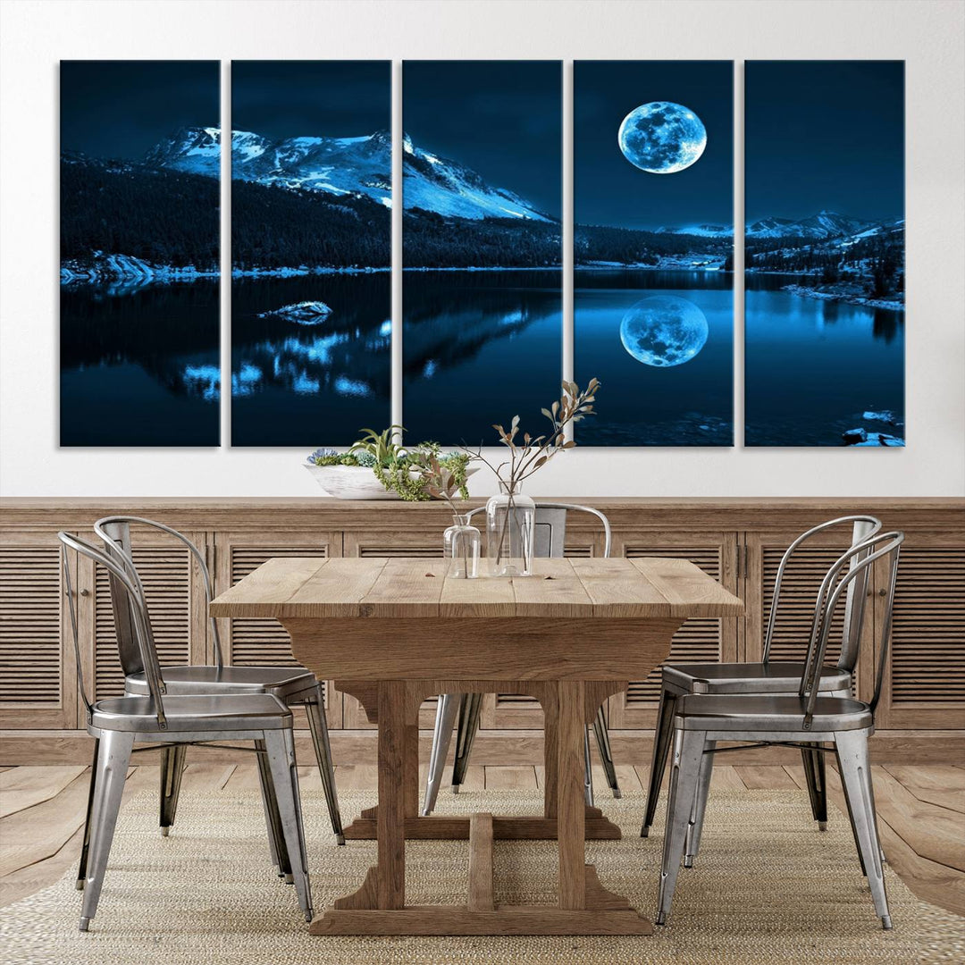 Blue Moon Mountain Lake Landscape Framed Wall Art Canvas Print