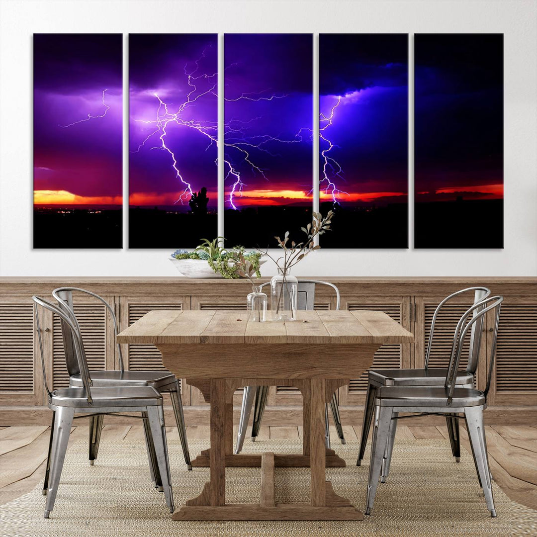 Electrifying Sunset Thunderstorm Canvas Print – Dramatic Lightning and Vibrant Sunset Wall Art