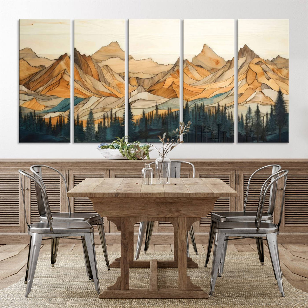 Rustic Wood Style Mountain Wall Art Print | Triptych Giclee Print Featuring Handcrafted Forest and Mountain Range Design | Framed Ready-to-Hang Print