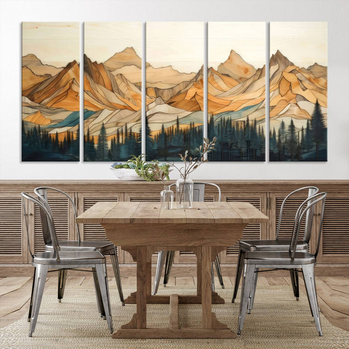 Rustic Wood Style Mountain Wall Art Print | Triptych Giclee Print Featuring Handcrafted Forest and Mountain Range Design | Framed Ready-to-Hang Print