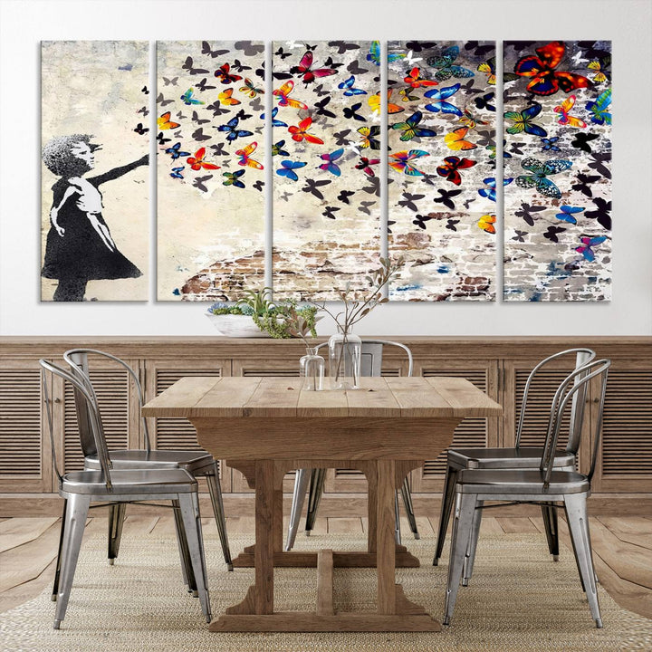 Banksy Style Girl with Butterflies Wall Art - Beautiful Framed Ready-to-Hang Triptych Canvas - Vibrant Butterfly Street Art for Modern Decor