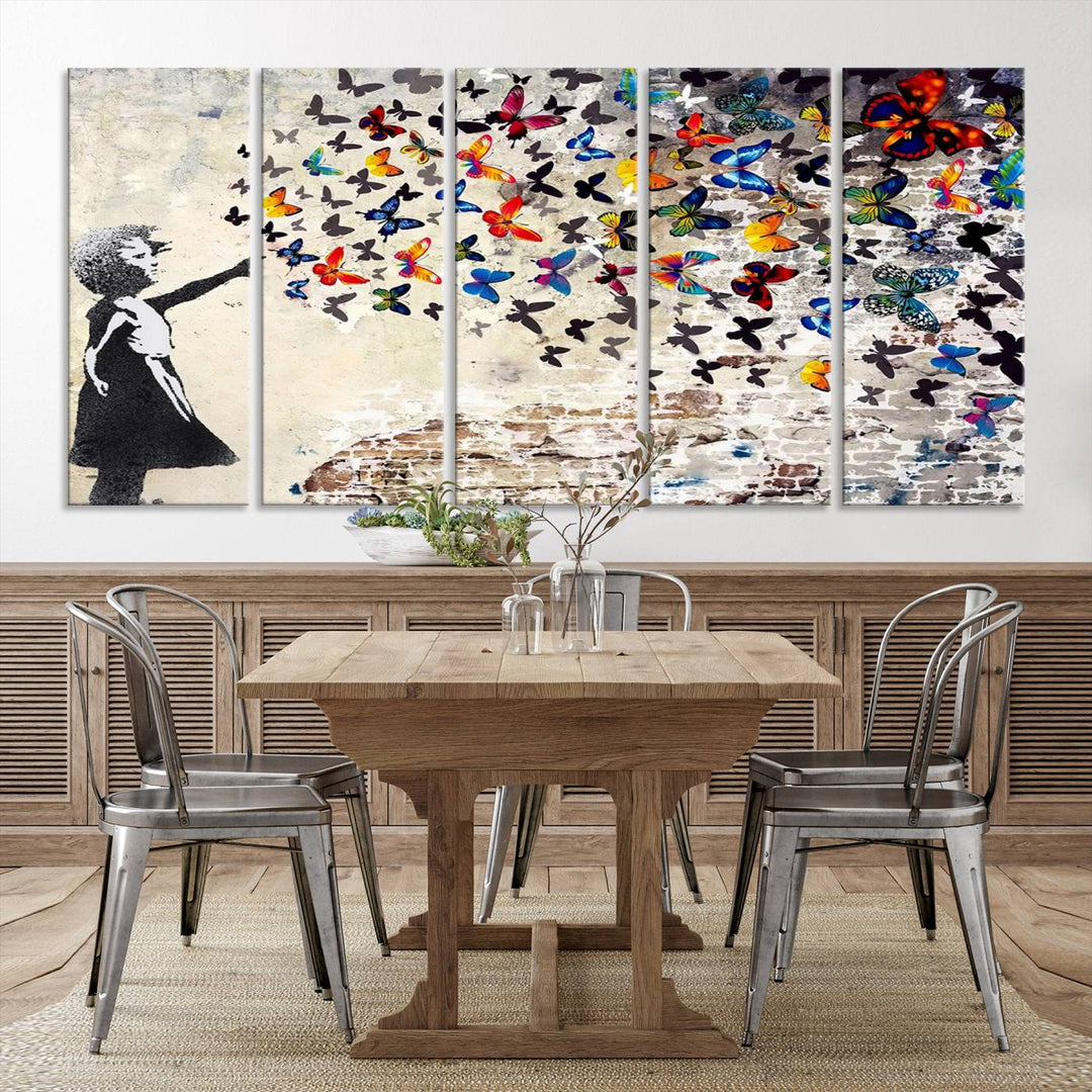 Banksy-Style Graffiti Wall Art Canvas Print: Girl Releasing Vibrant Butterflies – Ready to Hang