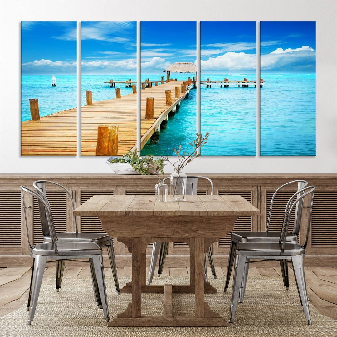 Tropical Pier Triptych Wall Art, Stunning Turquoise Ocean and Wooden Dock Canvas Print, Coastal Beach House Decor, Ocean View Canvas Art