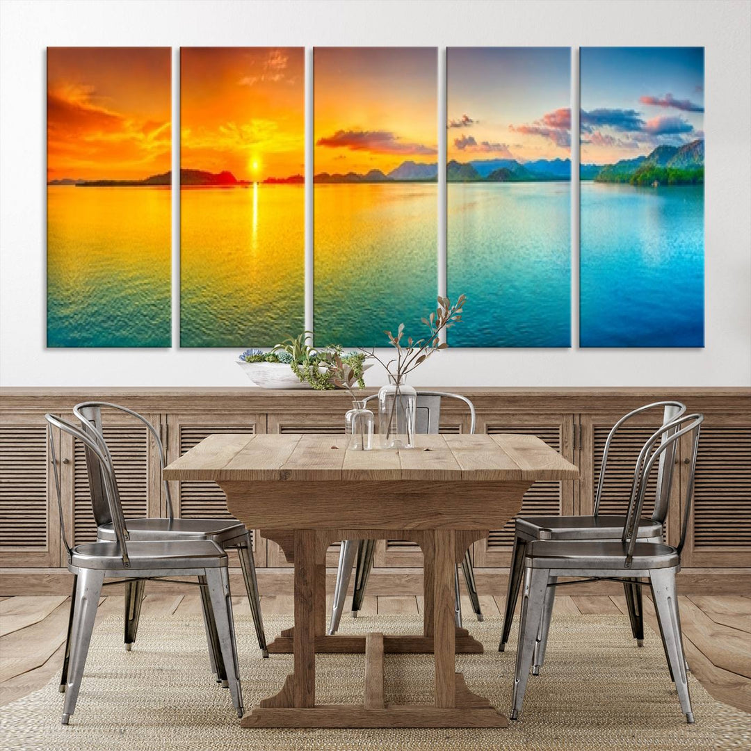 Impresión en lienzo de arte de pared grande, puesta de sol colorida, mar y montaña para decoración de sala de estar