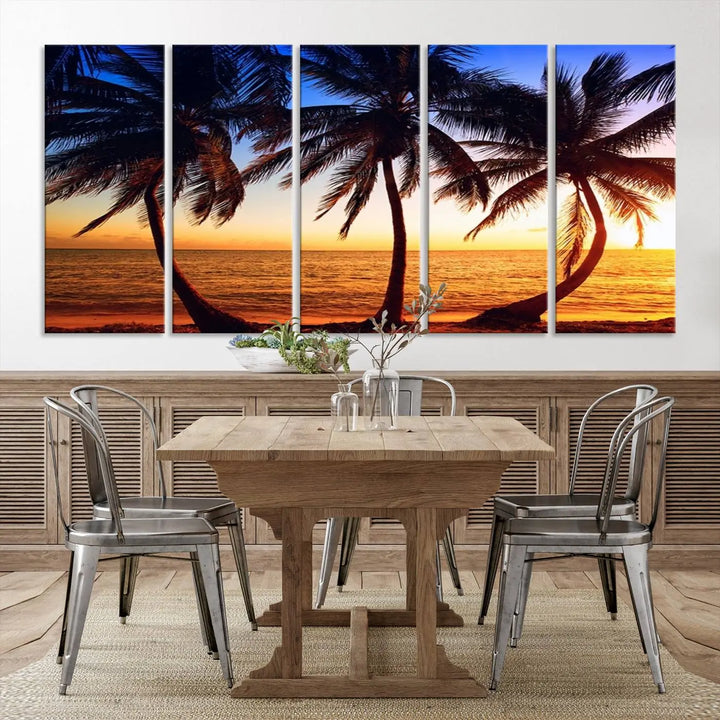 The living room features a wall adorned with the "Wall Art Canvas Curve Palms at Sunset on Beach," showcasing gallery-wrapped, museum-quality canvases in a stunning triptych.