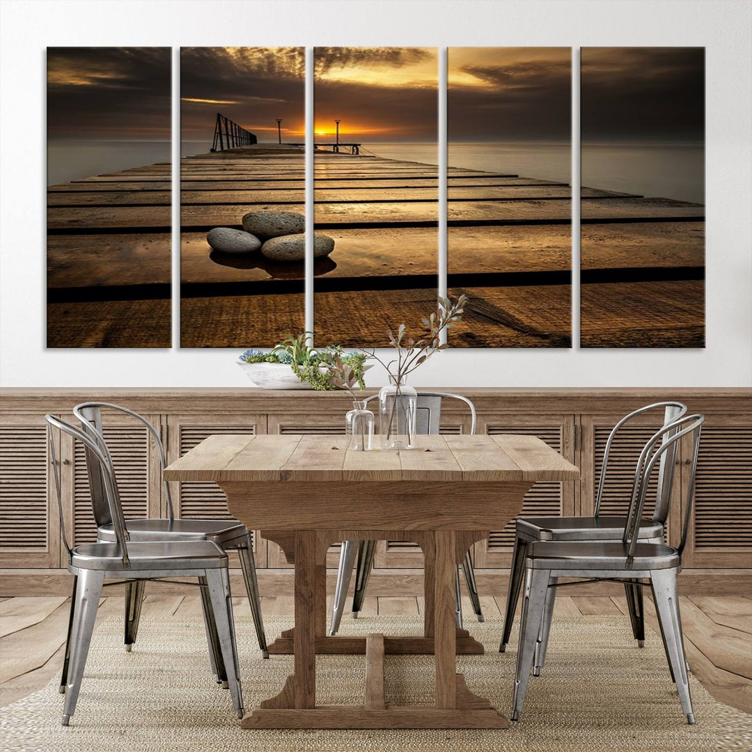 Stones on Wooden Pier at Sunset Wall Art Canvas