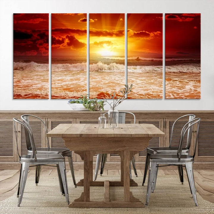 In a modern living room, the vibrant "Wall Art Canvas Perfect Sunset Turns Colour of Sea and Sky to Red," printed on museum-quality canvas, stands out. A floor lamp casts warm light over the ready-to-hang artwork, which includes a UV-protective coating to ensure lasting brilliance.