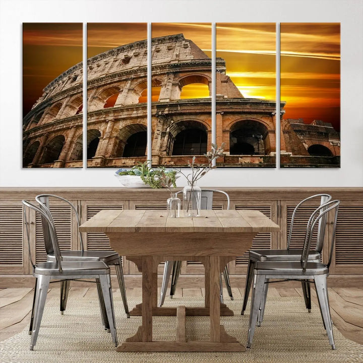 A three-panel canvas titled "Colosseum with Yellow Sunset Behind, Italy," protected with a UV-coating, is elegantly displayed.